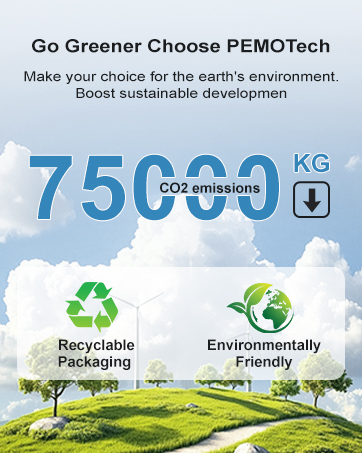 Text reads: 'Go Greener Choose PEMOTech' and '7500 KG CO2 emissions'. Environmental infographic with recycling symbols and green field background.
