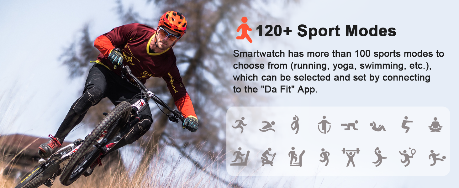 Text reads '120+ Sport Modes'. Action shot of mountain biker with row of sports activity icons below showing various activities like running, yoga, swimming, and cycling.