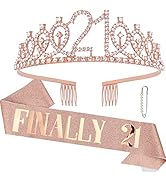 CAVETEE Rose Gold 21st Birthday Sash and Crown Set - Women's Birthday Queen Tiara and Sash