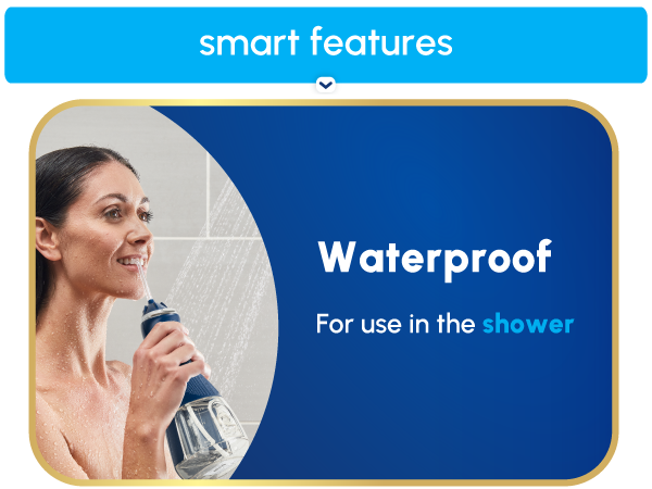 Image of Waterpik Cordless Advanced water flosser with text reading waterproof for use in the shower