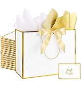 Addblu 12 Pack Large White Gift Bags with Handles, 12.6x10x4'' Includes 36 Tissue Papers, Bow Rib...