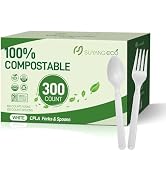 Compostable Forks and Spoons Bulk 300 Count Disposable Compostable Cutlery 100% No Plastic Silver...