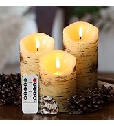 Eywamage Birch Bark Flameless Pillar Candles with Remote, Flickering Rustic Battery LED Wood Cand...