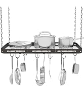 33” Pots and Pans Hanging Rack, Black Hanging Pot Rack Ceiling Mount with 15 Hooks, Heavy-duty Me...