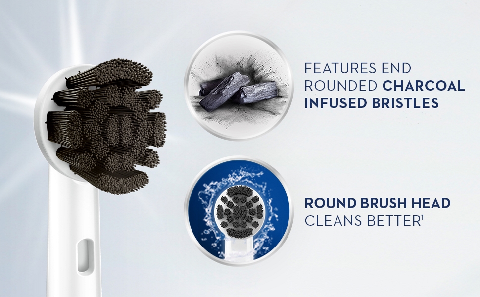 End rounded charcoal infused bristles round brush head cleans better vs a standard manual toothbrush