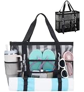 WANDF Mesh Beach Bag for Women, Large Beach Tote Bags with 40oz Tumbler Side Pockets, Family Pool...