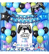 Video Game Theme Party Decorations, Black Blue Purple Green Balloons Happy Birthday Banner Cake T...