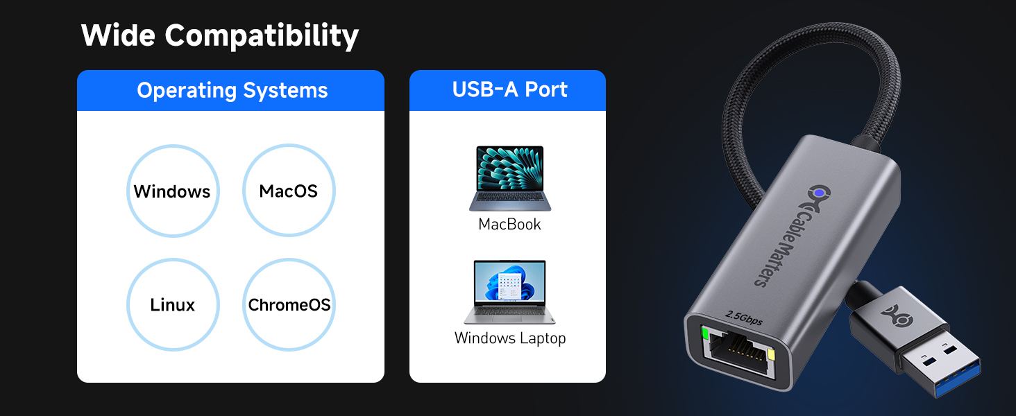 USB Ethernet adapter with Realtek RTL8156BG for Windows, macOS, Linux, and ChromeOS devices