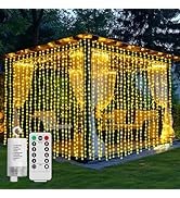 Curtain Lights Battery Operated 10 * 10Ft 300LED Waterfall Light with 8 Modes Remote Dimmable Tim...