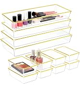 12 Pack Large Size Clear Stackable Drawer Organizer Trays, Gold Rim Makeup Drawer Storage Tray Di...