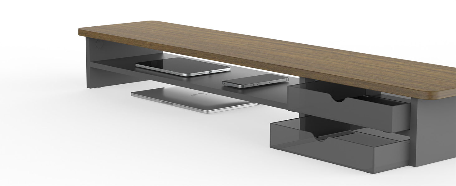 Monitor stand is equipped with dual-layer storage space and 2 convenient sliding acrylic drawers