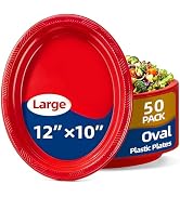 BONSINY 50 Count Red Plates Disposable Heavy Duty 10" x 12" Oval Red Plastic Plates for Birthday ...