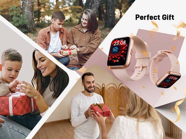 Smartwatch with pink band and digital display showing time. Multiple images of people exchanging wrapped gifts. Text 'Perfect Gift' visible.