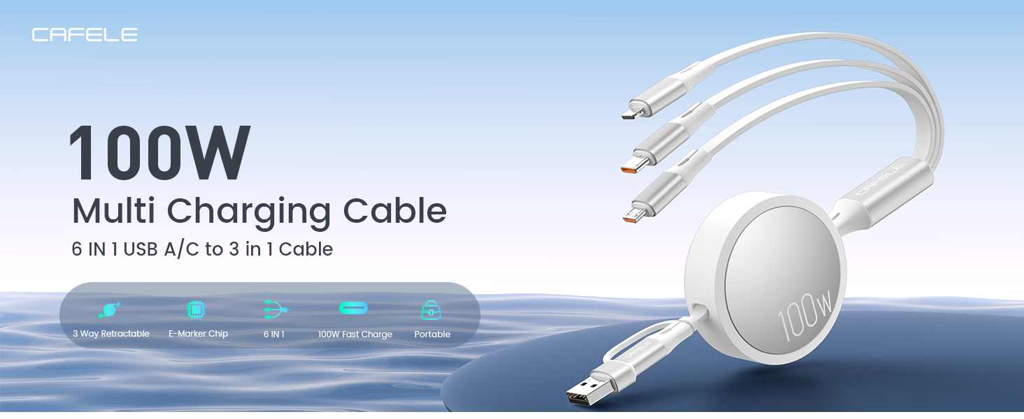 CAFELE 6-in-1 100W USB C Multi Charging Cable Retractable