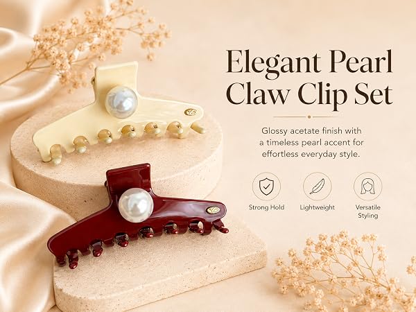Elegant pearl acetate claw clip set with glossy finish for lightweight everyday styling