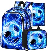 KLFVB 3PCS Kids Backpack, 17" Boys Football Bookbag and Lunch Box, Water Resistant Teenagers Scho...