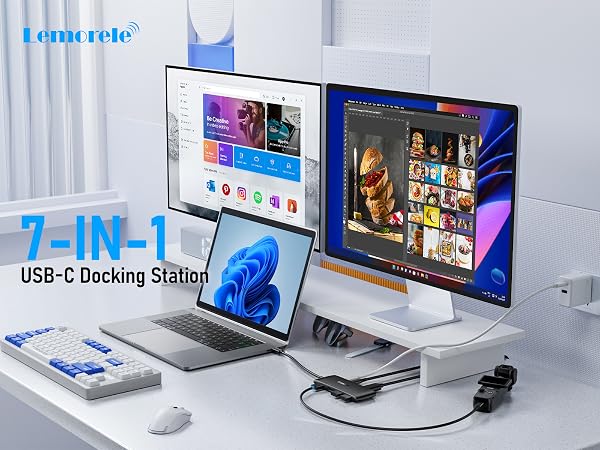 Text reads '7-IN-1 USB-C Docking Station'. Multiple views of laptop docking station with various ports and connected devices shown.