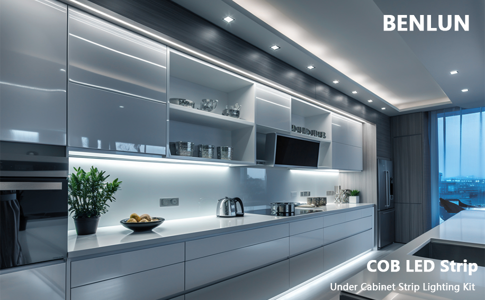 12V COB LED Under Cabinet Strip Lighting Kit 32.8ft, 6000K Cool White Cuttable LED Tape Lights
