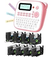 Label Maker Machine with 8PK White and Clear 12mm Tapes, Pink Label Maker Waterproof-Labels, Labe...