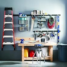 Rubbermaid garage fasttrack hooks and rails storage