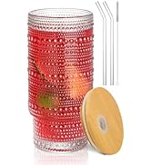 AUFXKOO 16OZ Glass Coffee Cups with Lids and Straw,1Pcs Glass Tumbler with Straw and Lid,Vintage ...