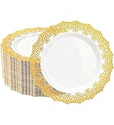 QualQuot 60PCS Gold Lace Plastic Plates, 10 Inch Disposable Dinner Plates Heavy Duty for Party, w...