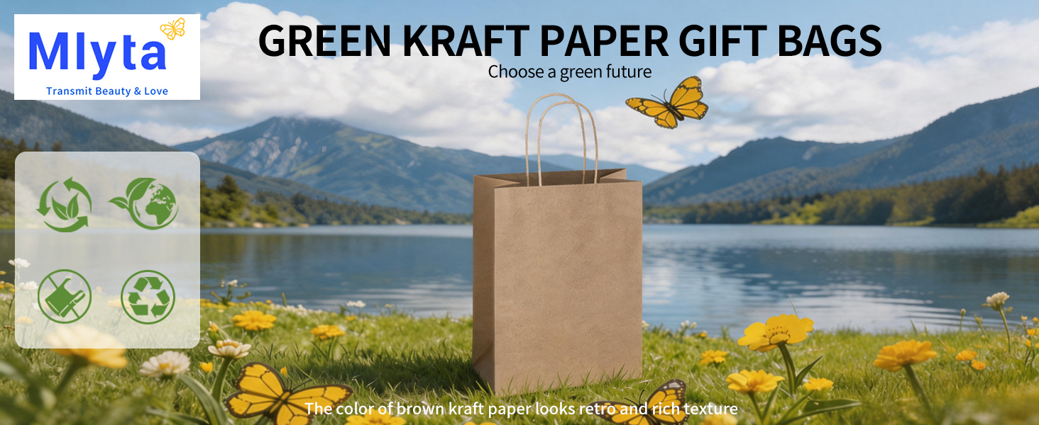 A medium brown green kraft paper gift bags