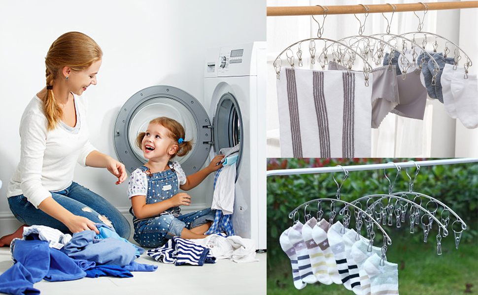 Split image: Woman and child doing laundry with front-loading washer. Circular clothes drying rack with socks and small garments hanging.