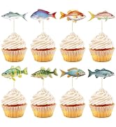Hooqict 40Pcs Gone Fishing Cupcake Toppers Fish Birthday Cake Topper Decorations Cupcake Picks fo...