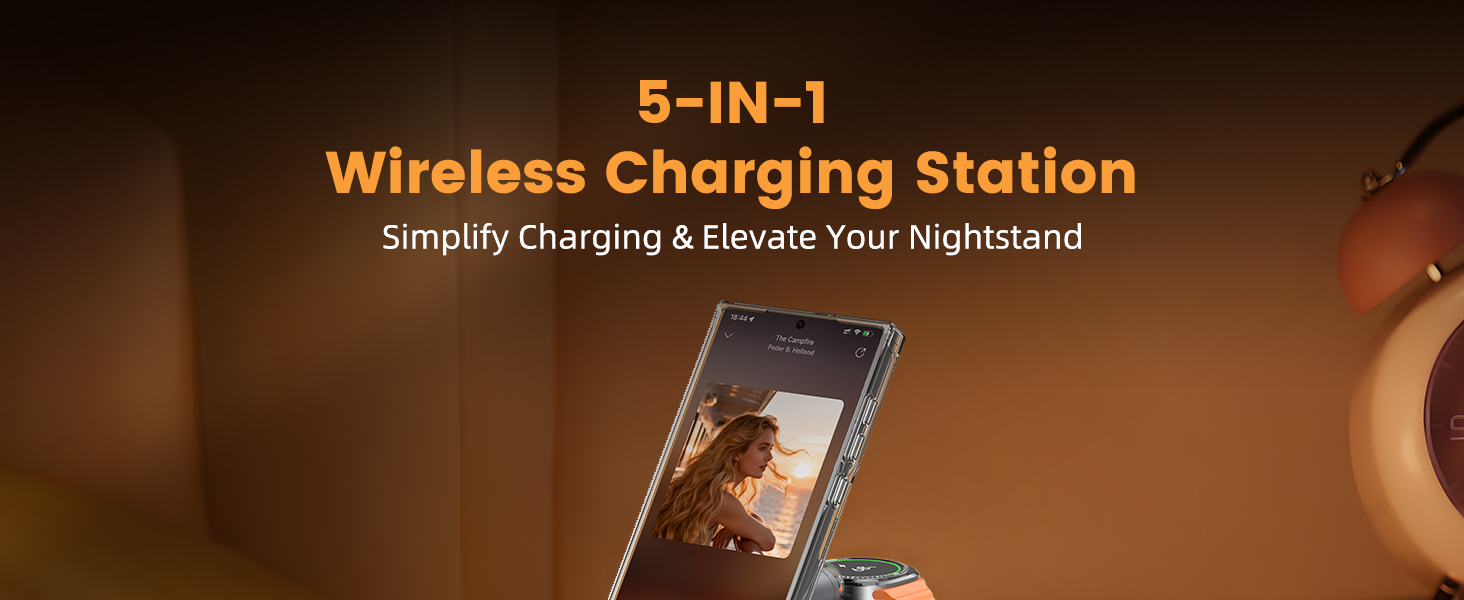 Text reads '5-IN-1 Wireless Charging Station' and 'Simplify Charging & Elevate Your Nightstand'. Shows sleek charging device with multiple device compatibility.
