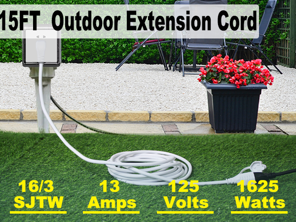 White Outdoor Extension Cord - SJTW 16AWG Weatherproof Grounded 3Prong Extension Cord