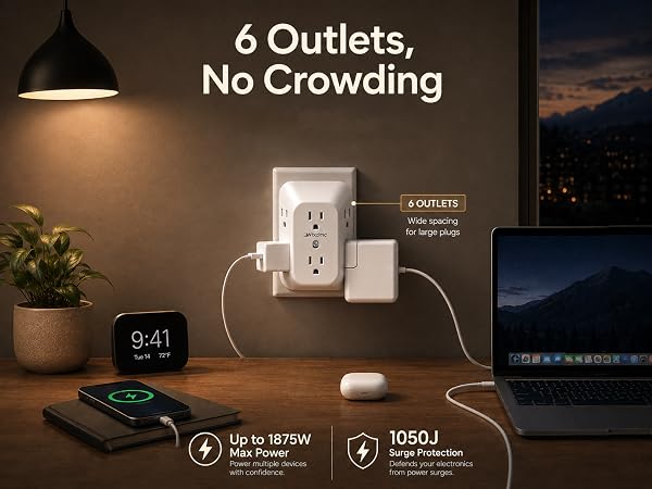 WRXDMC 2 Prong to 3 Prong Outlet Adapter, Multi Plug Outlet Extender, 1875W