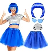 PLULON Blue Bob Wig with Tutus Heart Sunglasses for Women, Colorful Party Bob Wigs Funny Hair 80s...