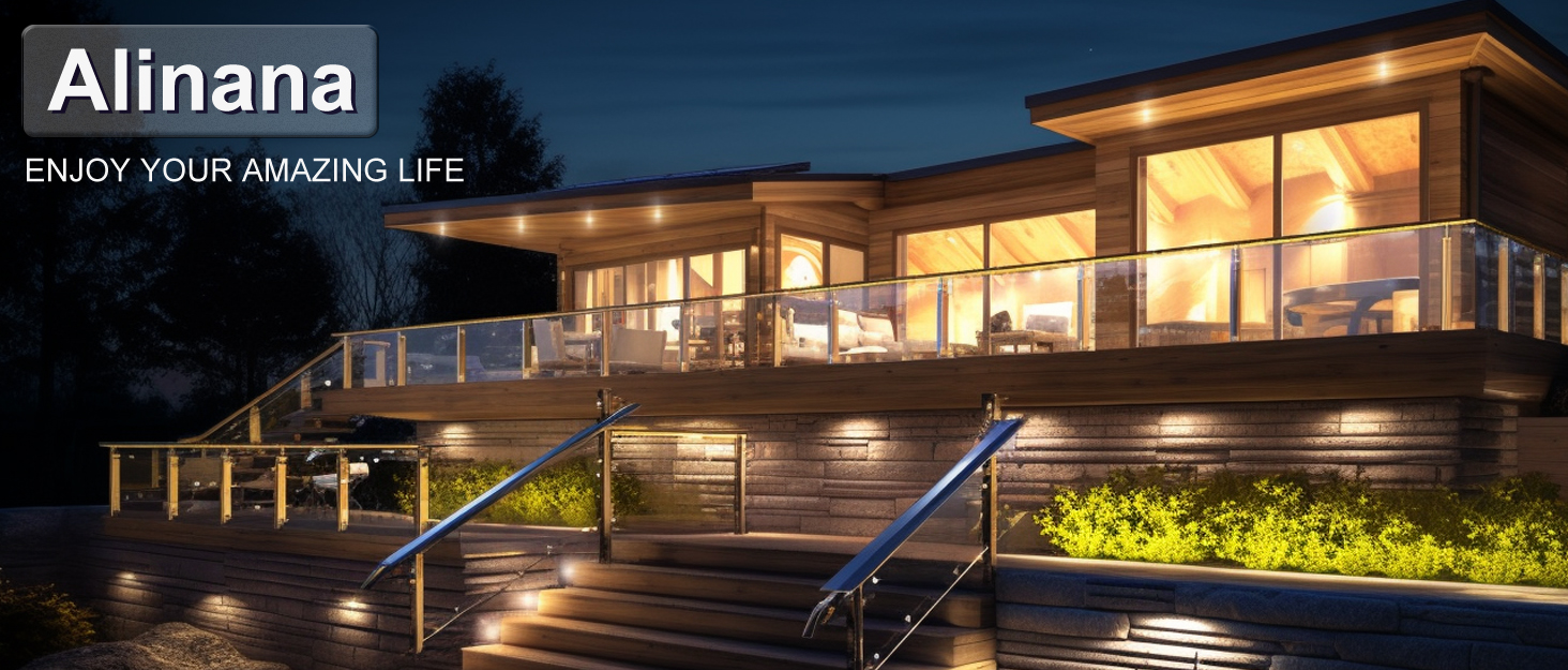 Modern luxury house exterior at night, with glass walls, illuminated interior, wooden deck, and 'Alinana: Enjoy your amazing life' text overlay.