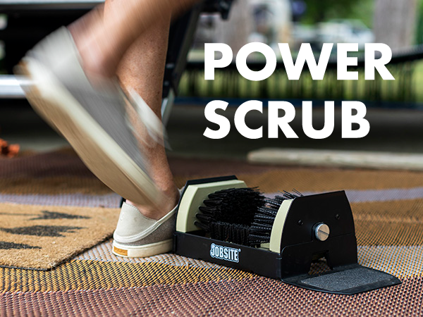 A motion photograph of a scrubber in use in front of an rv. Text reads "power scrub"