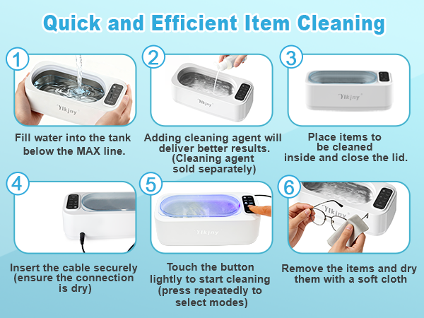 Text reads: 'Quick and Efficient Item Cleaning' with 6-step illustrated guide showing ultrasonic cleaner operation, including water filling, adding cleaning agent, and item removal.