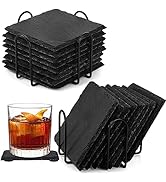 ZOOFOX 16 Pieces Drink Coasters, 4 Inch Square Slate Stone Coaster with 2 Holders, Handmade Coast...