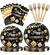 96 PCS Retirement Party Decorations for Men Women Happy Retirement Plates Napkins Set Black and G...