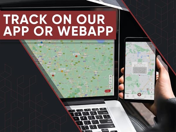 Split-screen image showing tracking app interface on laptop and smartphone. Displays map with location markers and text 'TRACK ON OUR APP OR WEBAPP'.