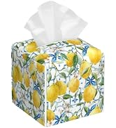 Watercolor Lemons Leather Tissue Holder,Blue Tiles Square Tissue Box Cover with Bottom Belt,Moder...