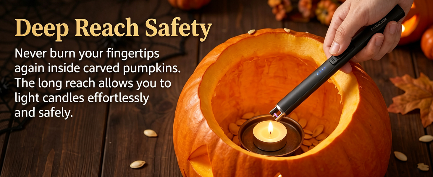 Close-up of a FUKKUDA long neck arc lighter igniting a small candle deep inside a Jack-o'-lantern
