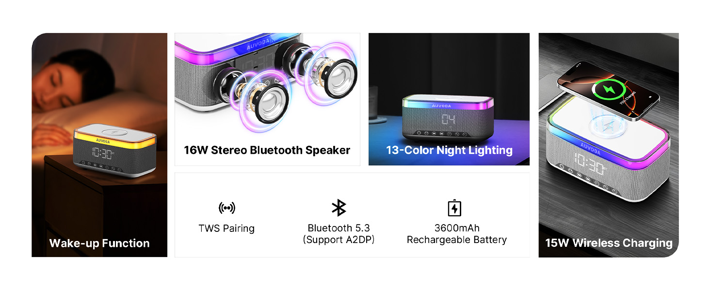 16 W stereo Bluetooth speaker supports wireless charging, 12-color LED lights and wake-up function