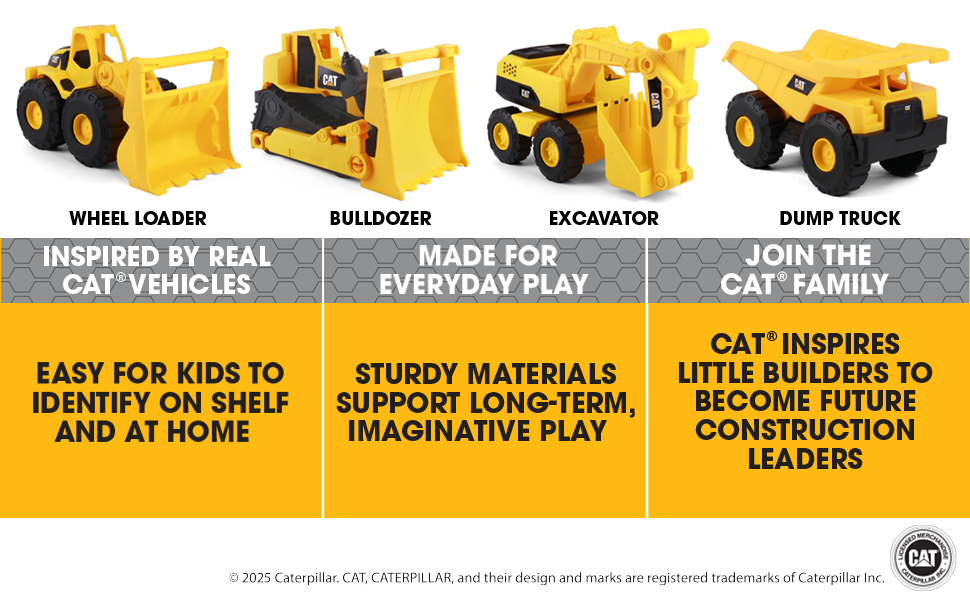 Four free wheeling Cat construction vehicle toys: bulldozer, wheel loader, excavator, dump truck.