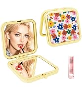 PDOZV Floral Square Compact Mirror for Travel- 2X Magnification Double-Sided Gold Vanity Makeup M...