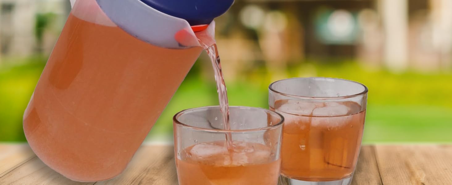 1-gallon easy-pour pitcher serving iced tea outdoors, perfect for refreshments.