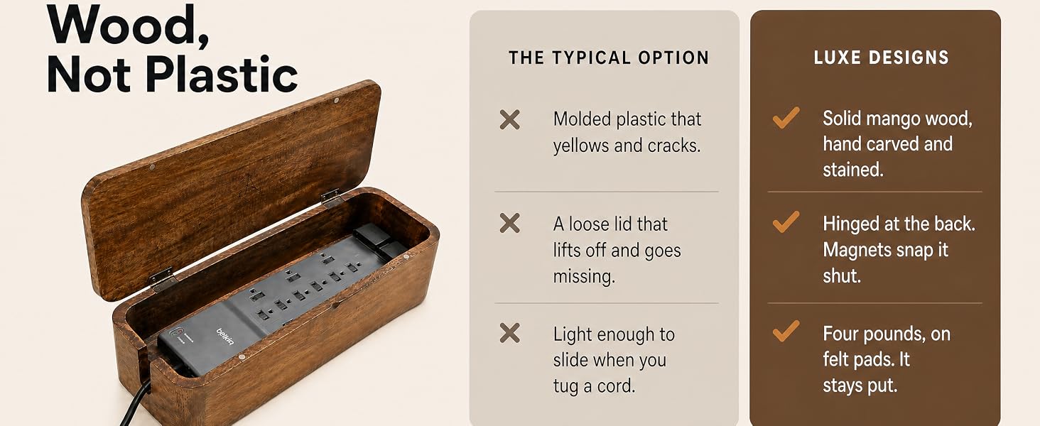 Solid mango wood cable box beside a plain plastic cord box, comparing material
