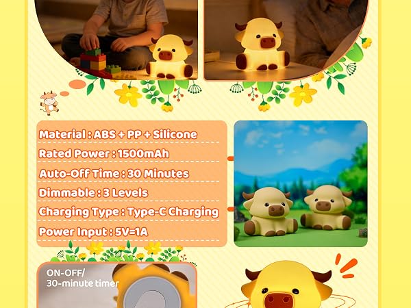 Text includes 'Auto-off Time: 30 Minutes', 'Charging type: Type-C charging', 'Power Input: 5V/1A'. Yellow-themed product display with cartoon duck characters and technical specifications.