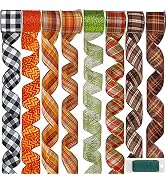 Winlyn 8 Rolls 48 Yards Assorted Fall Plaid Wired Ribbons Buffalo Check Ribbon Glittered Random F...