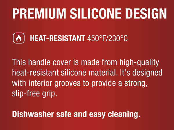 A red text box with white text. Text reads: Heat-resistant and dishwasher-safe.