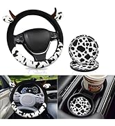 SuperKaKa Furry Cow Print Steering Wheel Cover with 2 PCS Car Bling Cup Coasters – Universal Styl...